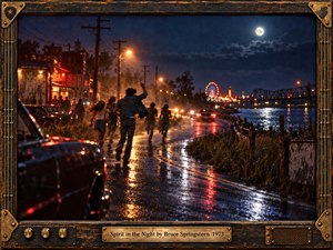 A group of young friends runs along a rain-slicked riverside road beneath a bright moon, surrounded by amber streetlights, distant carnival glow, and shimmering reflections. Deep blues, warm reds, mist, and film grain create a cinematic 1970s mood, framed by weathered wood and brass with rock-inspired details.