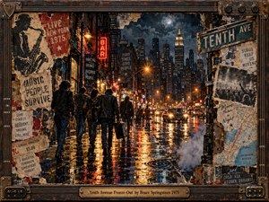 A gritty mixed-media cityscape shows dark figures moving down a rain-slicked avenue beneath glowing neon, amber streetlights, and a looming skyline. Torn posters, maps, saxophone imagery, steam, and vintage cars create restless 1970s energy. Deep blues, rust, gold, and muted red reinforce the soulful, resilient nighttime mood.