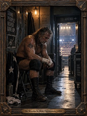 A weary wrestler sits hunched in a dim backstage corridor, taped hands resting between bruised knees as arena lights glow beyond an open doorway. Warm amber lamps contrast with cool blue shadows, reflecting across a scuffed floor. Gritty cinematic photography, worn lockers, posters, boots, and a distressed bronze frame reinforce exhaustion, dignity, and endurance.