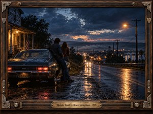 A rain-darkened road descends toward glowing town lights as two young figures linger beside a weathered muscle car near a warmly lit porch. Storm clouds, amber streetlamps, wet reflections, and deep blue twilight create a restless, hopeful mood. Cinematic 1970s photographic styling and a guitar-inspired wooden frame deepen the nostalgic atmosphere.