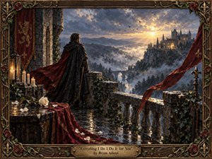 A solitary cloaked figure stands on a rain-darkened stone terrace, gazing across a misty valley toward a glowing distant castle at sunrise. Deep crimson banners, white roses, candles, ivy, and reflective stone enrich the romantic scene. Stormy blues and grays contrast with golden light in a richly textured, classical oil-painting style.