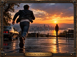 A man in a dark leather jacket runs across rain-slick pavement toward a solitary woman overlooking a glowing city and river at sunset. Warm orange light contrasts with cool blue-gray shadows, creating romantic urgency and longing. A vintage car, distant bridge, reflective streets, and ornate guitar-inspired metal frame reinforce the cinematic 1980s atmosphere.