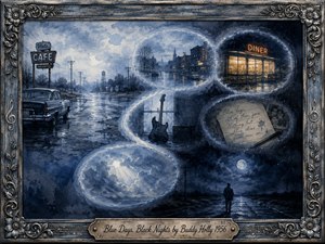 A melancholic watercolor montage traces an S-shaped journey from rainy blue daylight into deep black night. Vintage roads, a glowing diner, guitar, handwritten memories, clouds, and a solitary figure evoke heartbreak and nostalgia. Indigo, silver, charcoal, and amber tones glow softly within an ornate weathered frame and engraved title plate.
