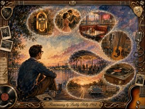 A contemplative young man sits beside a glowing lakeshore at sunset as feathered memory bubbles sweep in an S-curve above him, revealing dancing, a jukebox, diner, bandstand, guitar, turntable, and vintage road. Warm amber, rose, teal, and blue tones enrich the nostalgic watercolor-gouache style, framed with elegant musical memorabilia.