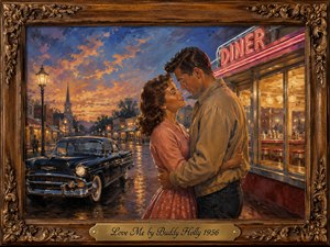 A tender young couple embraces outside a glowing 1950s diner at twilight, beside a polished vintage car on a rain-slicked street. Warm gold, rose, and amber lights contrast with deep blue skies, creating nostalgic romance. Painterly brushwork, reflected streetlights, ornate carved framing, and the engraved brass title plate complete the scene.