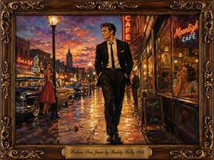 A charismatic young man in a sharp black suit strolls confidently along a rain-glossed 1950s main street, drawing admiring glances beneath glowing cafe signs and streetlamps. Rich sunset oranges, crimson neon, and deep blues create a romantic, playful mood. Expressive oil brushwork, vintage cars, reflections, and an ornate gilt frame complete the nostalgic scene.