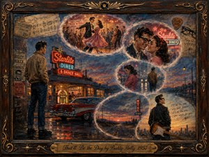A richly textured 1950s rock-and-roll painting unfolds around a neon diner, vintage car, and reflective young man at dusk. Feathered memory scenes curve through the composition, showing dancing, romance, separation, and a lonely road. Warm reds, amber, turquoise, and deep blues glow within an ornate carved frame and engraved title plate.