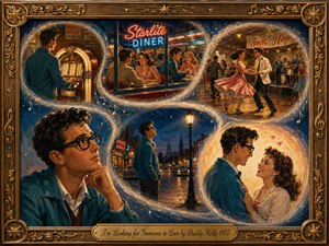 A nostalgic, painterly montage unfolds inside an ornate golden frame, following a bespectacled young man through glowing 1950s scenes of jukeboxes, diners, dancing, and moonlit streets as he searches for love. Warm amber light, teal blues, and rosy highlights create a dreamy, romantic mood, while swirling vignette bubbles and a brass title plate add vintage charm.