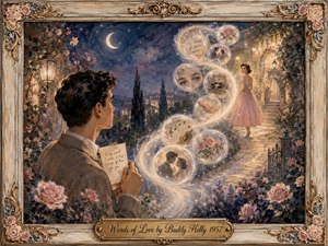A moonlit garden romance unfolds in a nostalgic 1950s watercolor and gouache style, where a young man holding a love note gazes toward a woman in pink. Glowing memory bubbles sweep between them in an elegant S-curve, surrounded by roses, lantern light, deep blues, soft golds, and an ornate floral frame.