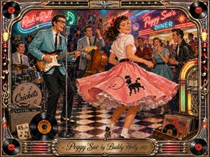 A joyful 1950s sock-hop bursts with energy as Peggy Sue twirls in a pink poodle skirt beside a lively rock-and-roll band. Neon reds, turquoise, gold, and chrome glow across the checkerboard floor, jukebox, guitars, records, and dancers. Rich painterly brushwork and an ornate musical frame heighten the nostalgic celebration.