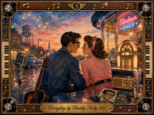 A young 1950s couple shares a tender moment outside a glowing roadside diner at sunset, surrounded by a vintage microphone, acoustic guitar, jukebox, radio, classic car, and drifting musical notes. Warm pink, gold, and blue tones create nostalgic romance, framed by ornate brass, wood, piano keys, vinyl records, and musical details.