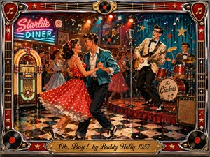 A joyful 1950s rock-and-roll diner bursts with dancing, live music, and youthful romance. A smiling couple swings across a checkerboard floor while a bespectacled guitarist and drummer perform nearby. Warm reds, turquoise, gold, neon lighting, confetti, records, and chrome details create a lively gouache-style celebration framed with musical ornamentation.