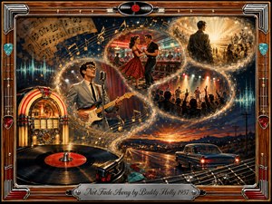 A richly detailed retro rock-and-roll collage follows a glowing S-curve of musical memories, from a spinning vinyl record and jukebox to Buddy Holly performing, a dancing diner couple, and an energized concert crowd. Warm reds, turquoise, gold, and midnight blue shimmer beneath nostalgic lights, framed in polished wood and chrome.