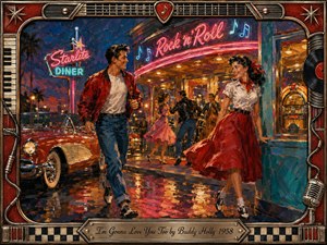 A joyful 1950s couple meets outside a glowing rock-and-roll diner, surrounded by dancers, a vintage convertible, jukebox light, and neon reflections on wet pavement. Rich reds, turquoise, gold, and electric blue create a lively romantic mood. Expressive acrylic-style brushwork and a music-themed decorative frame complete the nostalgic scene.