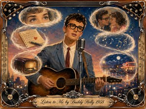 A young Buddy Holly-inspired singer performs with an acoustic guitar and vintage microphone beneath a glowing twilight sky. Feathered bubbles sweep in an S-curve around him, revealing romantic memories, attentive eyes, handwritten notes, music, radio, and a moonlit diner. Warm gouache textures, amber highlights, deep blues, chrome, and wood create nostalgic tenderness.