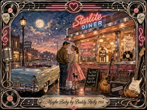 A moonlit 1950s diner scene captures a young couple sharing a shy, hopeful moment beside a classic convertible. Warm neon pinks, blues, and amber lights reflect across wet pavement, while guitars, vinyl records, microphones, and musical notes enrich the nostalgic watercolor-gouache composition. An ornate chrome frame completes the romantic rock-and-roll atmosphere.