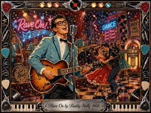 A jubilant 1950s rock-and-roll singer performs with guitar at a vintage microphone as couples dance across a checkerboard floor. Rich reds, turquoise, gold, chrome, and neon lighting create an energetic, romantic mood. Gouache-style brushwork, confetti, jukebox details, vinyl records, and a musical chrome frame complete the lively scene.