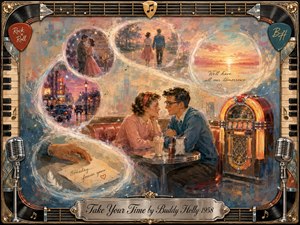 A nostalgic 1950s romance unfolds in a glowing diner, where a young couple shares a quiet moment beside a jukebox. Dreamlike memory bubbles sweep through an S-curve of dancing, city streets, letters, and sunsets. Warm coral, teal, cream, and gold tones, painterly textures, musical details, and an ornate vintage frame create a tender, reflective mood.