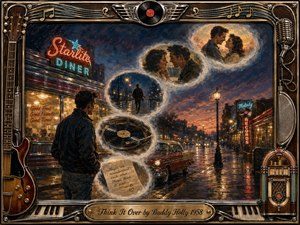A thoughtful young man stands outside a glowing 1950s diner on a rain-slicked street, surrounded by feathered memory bubbles curving upward in an S-shape. Warm amber, turquoise, crimson, and twilight blues create a wistful romantic mood. Rich oil-painting textures, neon reflections, vintage cars, records, and an ornate music-themed frame complete the nostalgic scene.