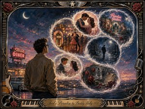A contemplative young man stands beside a glowing 1950s diner, watching feathered dream bubbles curve through the twilight in an S-shaped path of romance, dancing, paradise, loneliness, and farewell. Rich oil-painted blues, golds, pinks, and crimson glow with neon light, framed by guitars, records, roses, piano keys, chrome, and an engraved title plate.
