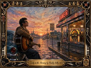 A young guitarist rests beside a vintage car on a quiet 1950s street at sunrise, gazing toward a glowing diner and jukebox. Warm gold, peach, blue, and red tones reflect across wet pavement. Expressive oil brushwork, drifting musical notes, and an ornate instrument-themed frame create a wistful, romantic rock-and-roll atmosphere.