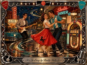 A joyful 1950s couple dances beside a glowing diner jukebox while a smiling guitarist performs nearby. Warm reds, turquoise, cream, and gold shimmer beneath neon lights and chrome reflections. Rich acrylic-style brushwork, swirling musical motion, vintage cars, checkerboard flooring, and an ornate rock-and-roll frame create a lively, romantic atmosphere.
