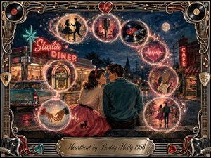 A young 1950s couple shares a tender moment outside a glowing roadside diner beneath a moonlit sky. Sparkling memory bubbles sweep through the scene in an S-curve, revealing dancing, records, guitars, a jukebox, and heartbeat imagery. Rich reds, teals, golds, and midnight blues create a romantic, nostalgic painted atmosphere.