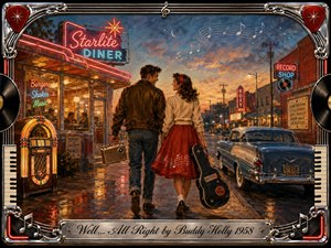 A young couple strolls through a glowing 1950s street at twilight, carrying a transistor radio and guitar case past a neon diner, jukebox, record shop, and vintage car. Warm reds, blues, and amber reflections create a romantic, optimistic mood, framed by ornate chrome, vinyl, piano keys, and musical motifs.