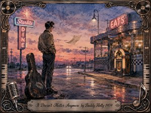 A solitary young man stands beside a worn guitar case on a rain-slicked 1950s street, watching a handwritten letter drift away at twilight. Neon diner signs and a glowing jukebox reflect across wet pavement beneath mauve, blue, and amber skies. The nostalgic watercolor style conveys quiet heartbreak, acceptance, and fading memories.