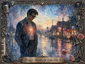 A solitary young man stands on a rain-slicked 1950s town street at twilight, his glowing heart suggesting quiet sorrow. Moody blues, silvers, warm amber reflections, neon diner lights, drifting rose petals, and shimmering puddles create a wistful atmosphere. Watercolor textures and an ornate music-themed frame complete the nostalgic composition.