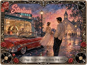 A nostalgic watercolor-style 1950s wedding scene unfolds between a glowing diner and softly lit chapel. A bride and young man stand beside a red convertible beneath a pink-blue twilight sky. Warm neon, streetlamps, wet reflections, roses, vinyl records, guitar strings, and chrome framing create a romantic, bittersweet rock-and-roll atmosphere.