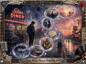A solitary young man stands outside a glowing 1950s diner on a rain-soaked street, surrounded by feather-edged memory bubbles curving upward in an S-shape. Moody blues and violets blend into warm coral sunset light, while watercolor textures, neon reflections, musical memorabilia, and an ornate rock-and-roll frame deepen the wistful, hopeful atmosphere.