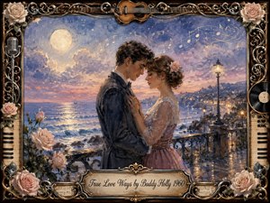A tender young couple embraces on a moonlit seaside promenade, surrounded by glowing lamps, shimmering water, roses, and drifting musical notes. Soft blues, lavender, blush pink, cream, and gold create a dreamy romantic mood. The painterly vintage scene is framed with guitars, piano keys, vinyl, microphones, filigree, and an engraved title plate.