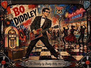 A vibrant mixed-media rock-and-roll scene shows a Buddy Holly-styled guitarist commanding a checkerboard dance floor beside a glowing jukebox, vintage microphone, neon diner, and dancing silhouettes. Rich reds, blues, golds, and blacks create energetic nighttime warmth, framed by records, guitar strings, chrome details, and an engraved title plate.