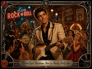 A charismatic guitarist commands a lively 1950s rock-and-roll club, surrounded by cheering dancers, a vintage band, glowing jukebox, and neon signage. Warm amber, red, cream, and teal tones create nostalgic energy beneath theatrical lighting. Rich digital oil-paint textures, chrome musical framing, vinyl accents, and an engraved title plate complete the composition.