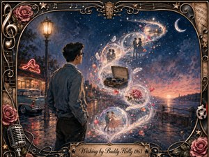 A solitary young man stands beside a rain-slicked waterfront street, gazing into glowing bubbles of romantic memories spiraling through a starry twilight sky. Deep blues, rose pinks, and warm amber light create a wistful mood. Painterly textures, vintage cars, roses, musical motifs, and an ornate frame evoke nostalgic 1960s romance.