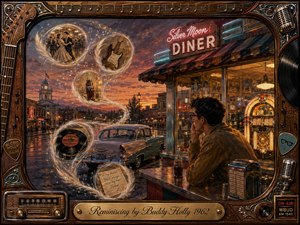 A wistful young man gazes from a glowing roadside diner into a rain-slicked 1960s streetscape, where feathered memory bubbles spiral in an S-curve around dancing couples, a guitar, soda bottle, vinyl record, and handwritten note. Warm amber, rose, and teal lighting enrich the detailed oil-painted scene, framed with nostalgic musical memorabilia.