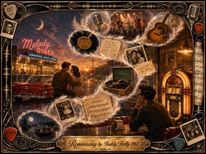 A nostalgic digital painting blends a glowing roadside diner, vintage cars, jukebox, records, photographs, and musical keepsakes into a sweeping S-shaped stream of memories. Warm amber, red, cream, and twilight blue tones create a tender, reflective mood, framed by ornate musical details and an engraved Buddy Holly title plate.