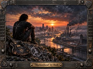 A lone guitarist sits on a rocky overlook above a sprawling industrial city at sunset, creating a brooding, reflective mood. Smokestacks, bridges, glowing waterways, and storm clouds frame the scene in smoky blacks, rusted browns, and fiery orange light. A distressed metal-and-guitar-hardware frame reinforces the gritty alternative-rock aesthetic.