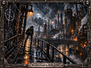 A lone figure strides across a rain-slick industrial catwalk toward a vast city of smokestacks, pipes, and glowing machinery. Storm clouds churn above while orange furnace light cuts through steel-gray darkness. The highly detailed digital painting feels tense, mechanical, and rebellious, framed by weathered amplifier hardware, guitar strings, knobs, and metal fittings.