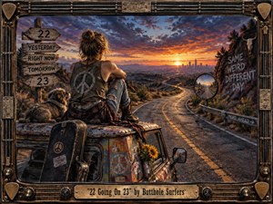A young woman and shaggy dog sit atop a weathered van overlooking a winding desert road toward a glowing city skyline. Fiery sunset colors contrast with stormy blue clouds, creating a reflective, uneasy mood. Graffiti, road signs, worn metal, guitar hardware, and a rugged frame give the scene a gritty psychedelic rock aesthetic.