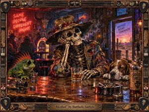 A weathered skeleton in a ragged cowboy hat slumps at a neon-lit bar beside a weary dog and a sunglasses-wearing lizard. Amber whiskey, scattered cigarettes, and stained wood glow under red and blue light, creating a darkly comic, surreal Western atmosphere framed with ornate, distressed musical metalwork.