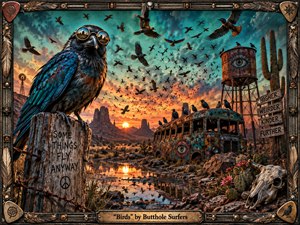 A goggle-wearing black bird dominates a surreal desert landscape filled with circling flocks, a rusted graffiti-covered bus, cactus, water tower, skull, and distant mesas. Turquoise and fiery orange skies create an uneasy, dreamlike mood, while reflective water, weathered textures, symbolic signs, and an ornate industrial frame intensify the handcrafted cinematic style.