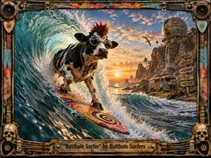 A rebellious black-and-white cow with a fiery mohawk surfs a curling turquoise wave toward a glowing sunset, framed by rugged cliffs, palms, a painted van, and strange retro structures. Warm gold light contrasts with deep ocean blues, while distressed metal, skulls, cables, and painted textures create a surreal, psychedelic punk-rock atmosphere.