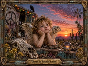 A dirt-smudged cherub rests thoughtfully in a surreal desert junkyard at sunset, surrounded by a weathered skull, guitar, toys, cacti, a crow, skeletal sculpture, and reflective orb. Warm orange and violet light contrasts with rusted metal and dusty earth, creating an eerie, playful, psychedelic atmosphere within a handcrafted industrial frame.