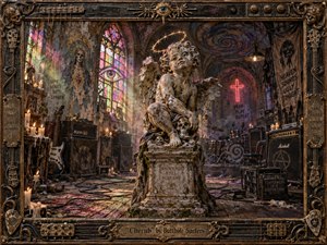 A weathered stone cherub sits at the center of a decaying chapel turned psychedelic rehearsal space, surrounded by amplifiers, candles, cables, stained glass, and a glowing cross. Tarnished bronze, nicotine gold, bruised pink, and shadowy greens create an eerie sacred-punk mood, framed by ornate distressed metalwork and musical hardware.