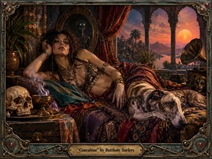 A reclining woman draped in ornate jewelry rests amid richly patterned textiles beside a watchful hound, smoking incense, and a skull. Warm sunset light pours through Moorish arches over a distant coastal landscape. Deep reds, turquoise, bronze, and shadow create a decadent, ominous mood in a detailed surreal gothic painting.