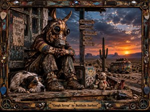 A weary horned figure and goggle-wearing dog rest on a decaying desert porch at sunset, surrounded by battered toys, signs, and roadside debris. Warm orange light cuts through stormy blue clouds, illuminating weathered textures and a distant painted bus. The handcrafted mixed-media style feels strange, melancholic, gritty, and darkly whimsical.
