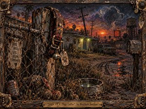 A battered dog collar hangs from a weathered fence post above an abandoned suburban yard at dusk. Rusted metal, cracked pavement, weeds, and a lonely house create a haunted, nostalgic mood. Burnt orange skies, sickly green lights, deep shadows, and tactile mixed-media textures give the scene a gritty, surreal intensity.