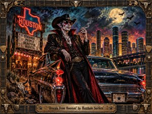 A pale cowboy vampire lounges beside a gleaming vintage Cadillac beneath Houstons moonlit skyline, blending gothic menace with surreal Texas swagger. Neon reds, electric blues, amber lights, and wet reflections create a feverish nighttime glow. Ornate Western clothing, bats, roadside signs, desert details, and a guitar-inspired metal frame complete the richly painted scene.